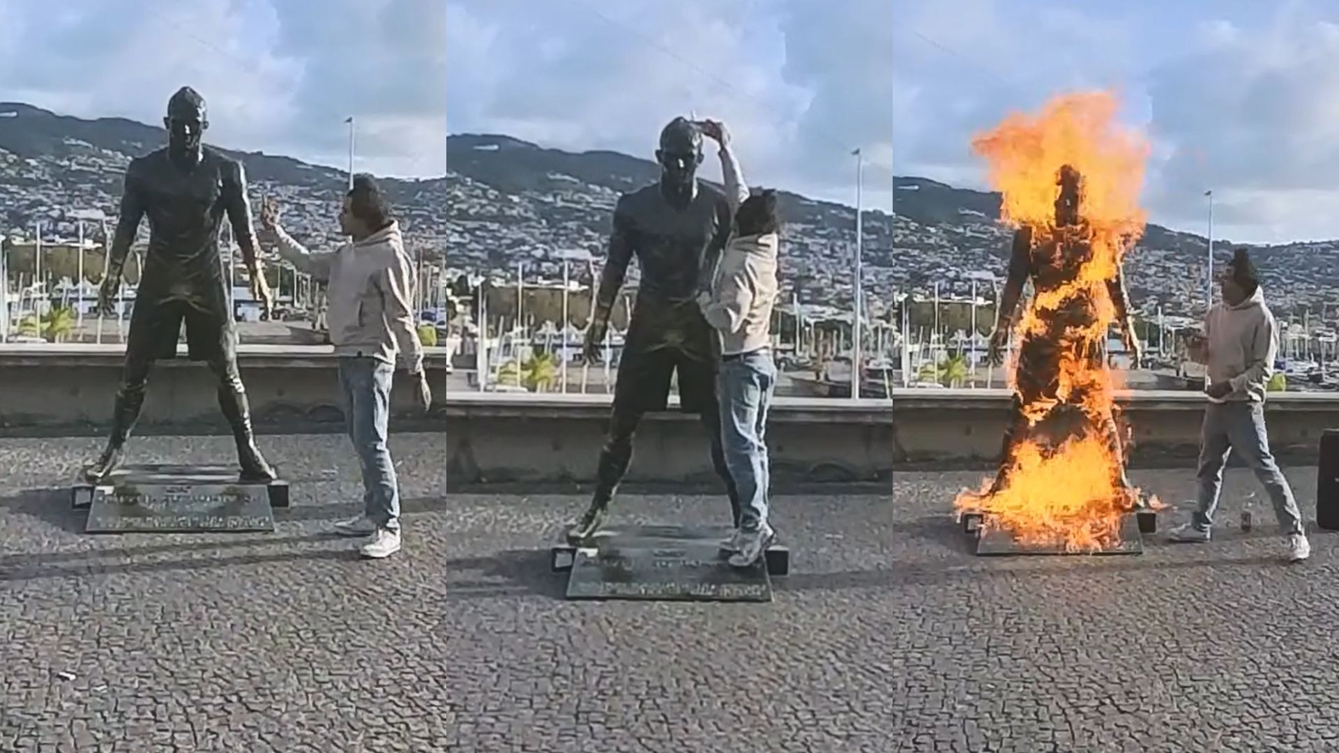 video:-homem-ateia-fogo-em-estatua-do-cristiano-ronaldo-na-ilha-da-madeira