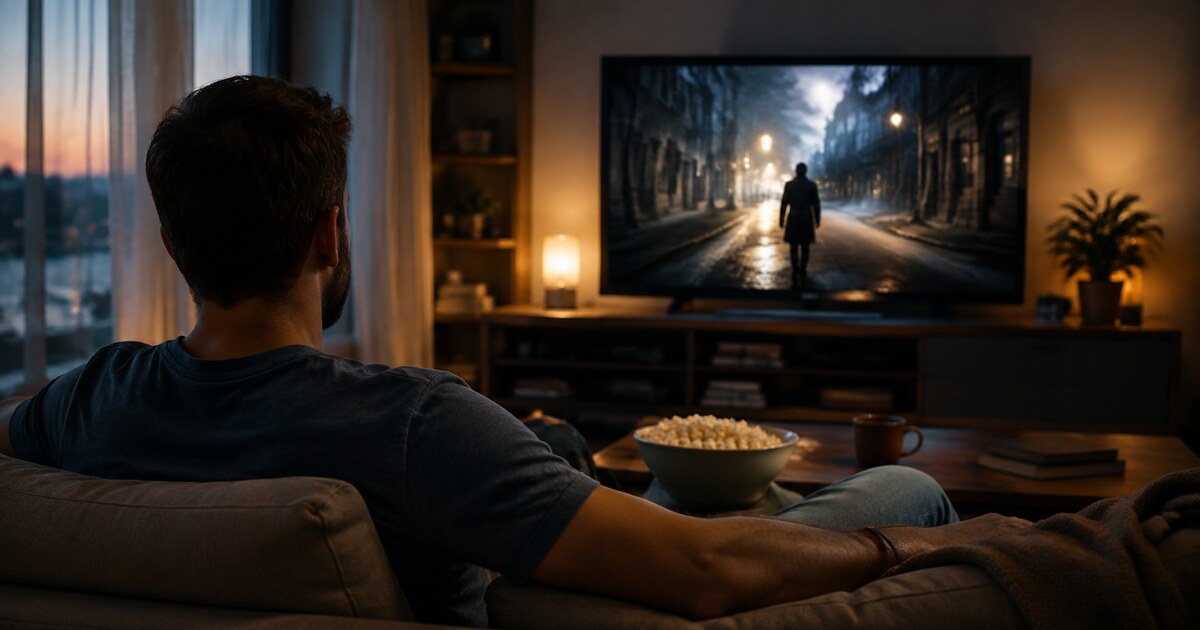 Pessoa assistindo a um filme em casa