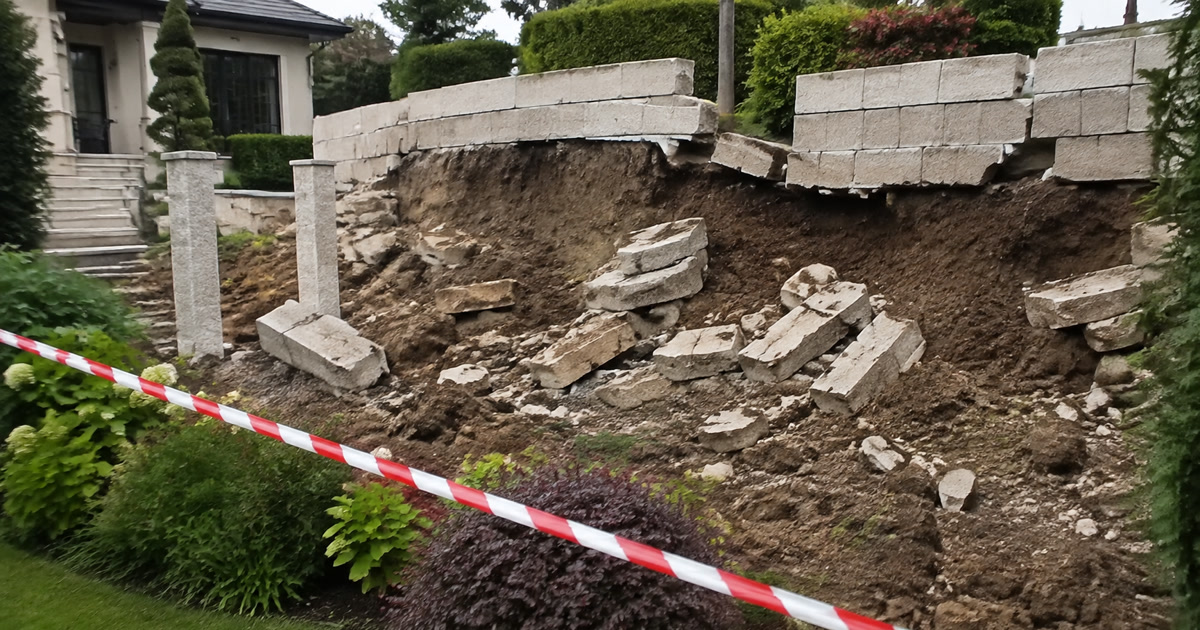Muro residencial danificado e área isolada para segurança