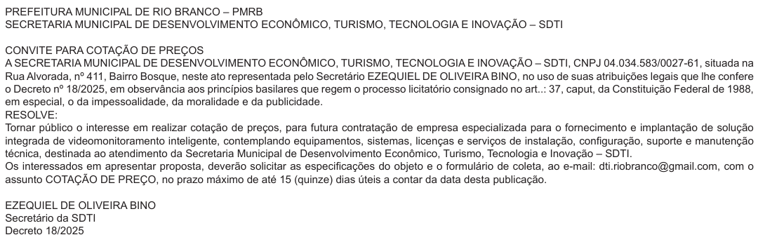Aviso de cotação de preços de solução de videomonitoramento inteligente da SDTI de Rio Branco